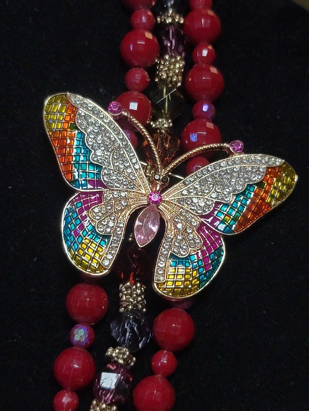 AB, Faceted Multi Lucite Necklace, Crystal, Enamel Butterfly Brooch - Vintage